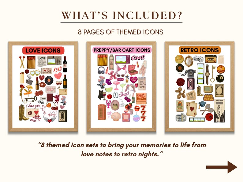 May include: Three framed art prints with themed icons. The prints are labeled "Love Icons," "Preppy/Bar Cart Icons," and "Retro Icons." Text at the bottom reads "8 themed icon sets to bring your memories to life from love notes to retro nights."