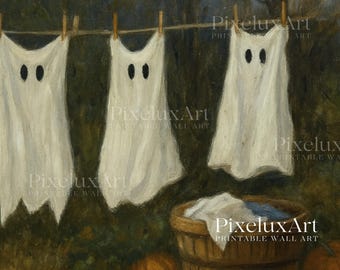 Ghost Laundry Wall Art – Spooky Halloween Printable with Hanging Ghost Sheets, Rustic Haunted Fall Decor, Vintage Country Style Print, image 3