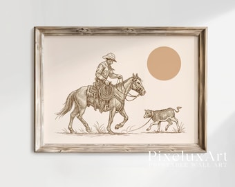 Cowboy and Cow Wall Art | Western Ranch Decor | Rustic Farmhouse Printable | Boho Country Wall Art | Vintage Cowboy Poster