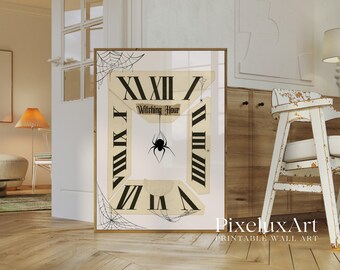 Witching Hour Clock Halloween Wall Art – Vintage Spooky Printable, Gothic Spider Web Decor, Haunted Midnight Printable Sign, image 4