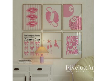 Pink Wall Art Set of 6, Y2K Aesthetic Prints, Girly Bedroom Wall Decor, Amor Poster, Bow & Lips, Leopard, Bikini Poster for Dorm Room Print, image 3
