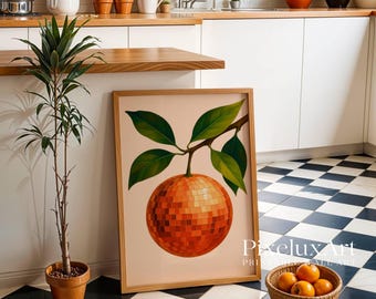 Retro Orange Disco Ball Decor, Trendy Kitchen Prints, Fruit Art Print, Citrus Fruit Poster, Funky Food Home Decor, Vintage Food Poster,, image 5