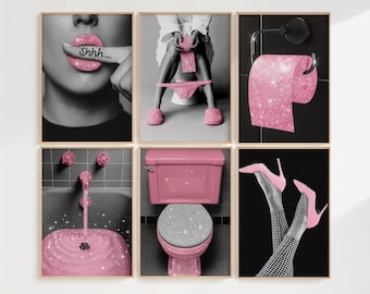 Pink Glam Bathroom Wall Art Set of 6 - Glitter Lips, High Heels & Retro Glam Prints, Funny Bathroom Wall Art Set | Cute Bathroom Posters, image 1
