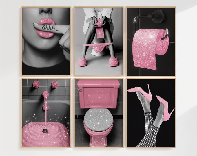 Pink Glam Bathroom Wall Art Set of 6 - Glitter Lips, High…