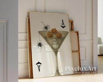 Halloween Cocktail Wall Art – Spooky Ghost & Pumpkin Martini Print with Spiders, Ace Card Vintage Gothic Bar Decor, image 5