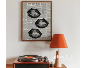 Newspaper Kiss Lips Wall Art, Trendy Black & White Girly Print, Aesthetic Bar Cart Decor, Preppy Poster, Vintage Retro Fashion Art, Dorm Art, image 5