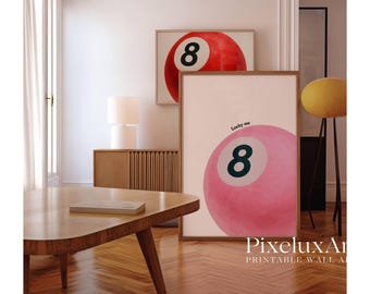 Lucky 8 Ball Print, Pool Ball Print, Vintage Game Room Decor, Luck Wall Art, Pink Billiards Print, Pool Print, Retro Art, Funky Vintage Art, image 9