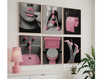 Pink Glam Bathroom Wall Art Set of 6 - Glitter Lips, High Heels & Retro Glam Prints, Funny Bathroom Wall Art Set | Cute Bathroom Posters, image 3