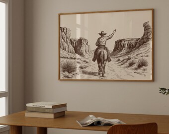 Cowboy Desert Wall Art | Western Landscape Print | Rustic Country Decor | Vintage Horseback Poster | Cowboy Riding Through Canyon, image 1