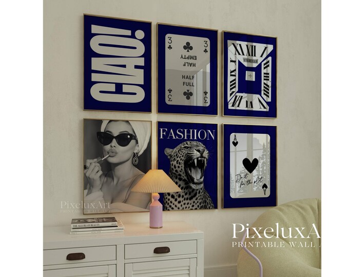 Navy Blue Set of 6 Trendy Gallery Wall Art, Aesthetic Chic…
