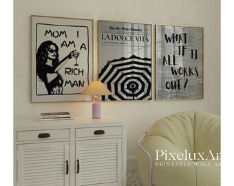Set of 6 Trendy Wall Art – Newspaper Prints, La Dolce Vita, Mom I Am A Rich Man, Better Late Than Ugly, Black & White Art, Collage Apartment, image 3