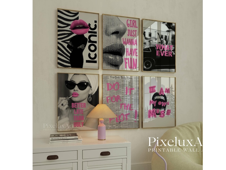 May include: A collection of six framed wall art prints with a pop art theme. The prints feature black and white images with pink text and accents, including lips, faces, and text like "Iconic" and "Girl Just Wanna Have Fun."