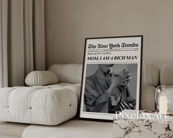 Mom I Am A Rich Man Newspaper Poster, Fashion Wall Art Print, Glam Girl Money Art, Black White Newspaper Print, Editorial Room Decor, image 4