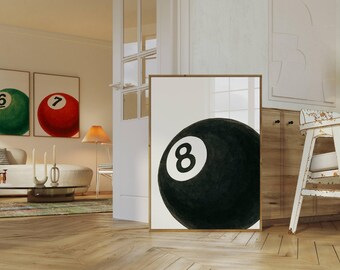 Set of 3 Hand Draw Pool Ball Print, 6, 7, 8 Ball Prints, Retro Game Room Print, Funky Vintage Print, Lucky Poster, Trendy 8 Ball Print, image 4