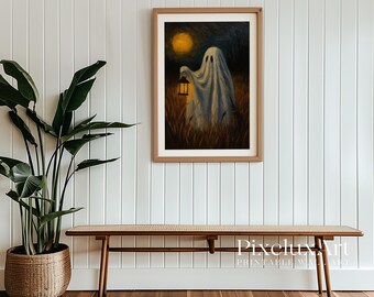 Lantern Ghost Halloween Wall Art – Vintage Spooky Ghost Print, Haunted Night Decor, Gothic Dark Academia Home Decoration, image 3