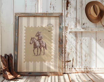 Cowboy on Horse Wall Art | Western Stamp Print | Rustic Country Decor | Vintage Farmhouse Poster | Neutral Western Wall Art, image 4
