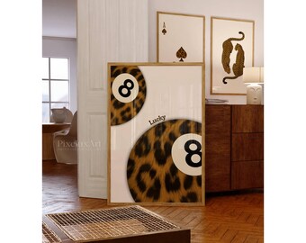 Vintage Leopard 8 Ball Print, Aesthetic Funky Wall Art, Neutral Retro Decor, Retro Collage Apartment Decor, Y2K Apartment Decor, Leopard Art, image 1