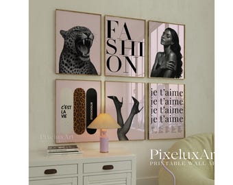 Trendy Pink Black Gallery Wall Art, Set of 6 Light Pink Aesthetic Chic Apartment Decor, Trendy Fashion Leopard Print, Stylish Y2K Wall Art, image 3