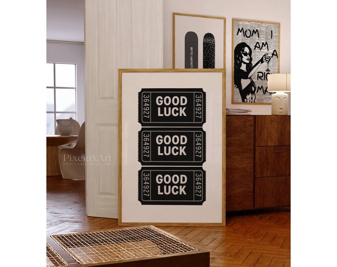 Good Luck Ticket Print, Ticket Club Wall Art, Funky Black &…