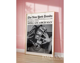 Money Hair Rollers Poster, Mom I Am A Rich Man Newspaper Print, Fashion Wall Art Print, Glam Girl Money Art, Black White Newspaper Print, image 1