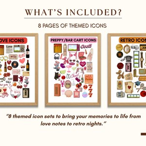 May include: A set of eight printable icon sheets featuring various themes, including love, preppy, bar cart, and retro. Each sheet is filled with colourful illustrations of objects and symbols related to the theme.