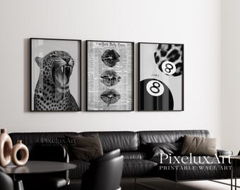 Black and White Leopard Wall Art Set, Fashion Poster Trio, Newspaper Lips & Lucky 8 Print, Modern Glam Printable Decor, image 1