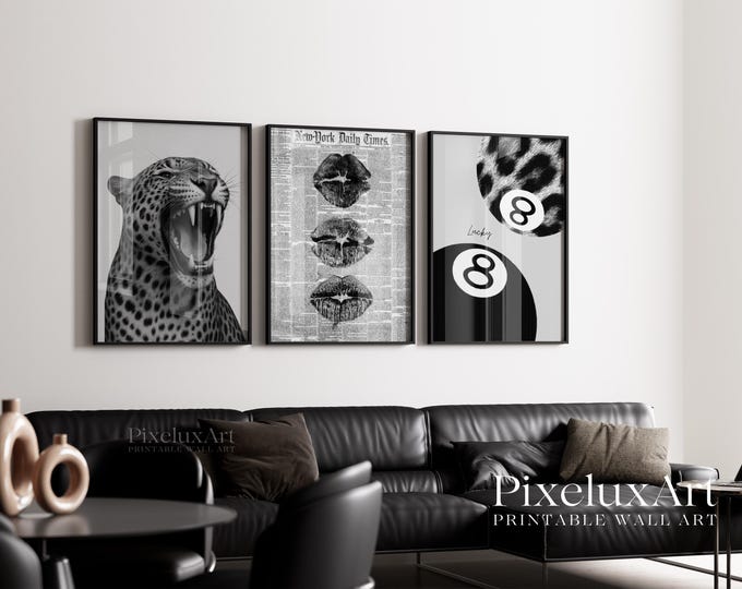 Black and White Leopard Wall Art Set, Fashion Poster Trio…