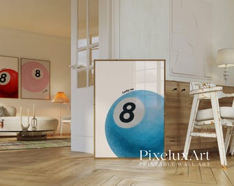 Lucky 8 Ball Print, Pool Ball Print, Vintage Game Room Decor, Luck Wall Art, Blue Billiards Print, Pool Print, Retro Art, Funky Vintage Art, image 4