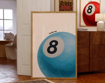 Lucky 8 Ball Print, Pool Ball Print, Vintage Game Room Decor, Luck Wall Art, Blue Billiards Print, Pool Print, Retro Art, Funky Vintage Art, image 1