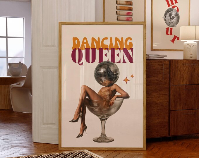Dancing Queen Retro Wall Art, Disco Ball Head Print, Funky…