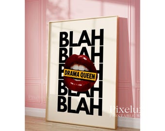 Red Lips Print, Bold Lips Wall Art, Pop Art Printable, Trendy Collage Poster, Blah Blah Wall Art, Red Eclectic Girly Wall Art, Funky Print, image 4