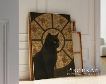 Black Cat Halloween Wall Art – Gothic Spooky Cat Print, Vintage Witchy Decor, Mystical Dark Academia Home Decoration, image 4
