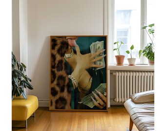 Woman with Money Wall Art | Y2K Glam Poster | Leopard Aesthetic Print, High Fashion Empowered Woman Art, Rich Girl Decor | Baddie Wall Print, image 3