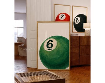 Set of 3 Hand Draw Pool Ball Print, 6, 7, 8 Ball Prints, Retro Game Room Print, Funky Vintage Print, Lucky Poster, Trendy 8 Ball Print, image 5
