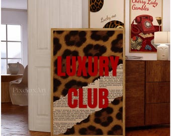 Luxury Club Leopard Print, Red Girly Wall Art, Preppy Dorm Decor, Trendy Aesthetic Print, Retro Collage Y2K Apartment Decor, Funky Wall Art, image 1