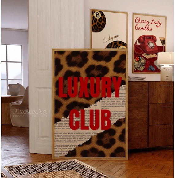 Luxury Club Leopard Print, Red Girly Wall Art, Preppy Dorm Decor, Trendy Aesthetic Print, Retro Collage Y2K Apartment Decor, Funky Wall Art