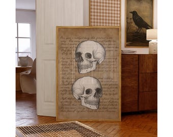 Vintage Skull Wall Art – Gothic Dark Academia Printable with Antique Script Background, Spooky Halloween Skeleton Head Decor Print, image 5