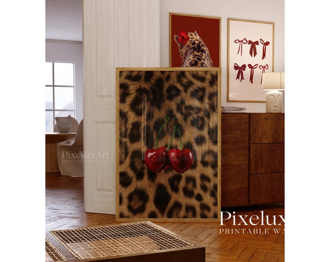 Cherry Leopard Wall Art | Red Glam Printable Poster | Girly…