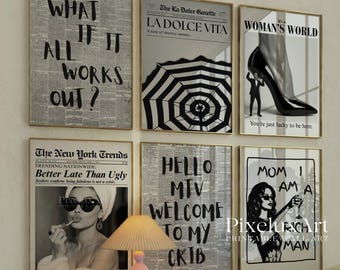 Set of 6 Trendy Wall Art – Newspaper Prints, La Dolce Vita, Mom I Am A Rich Man, Better Late Than Ugly, Black & White Art, Collage Apartment, image 8