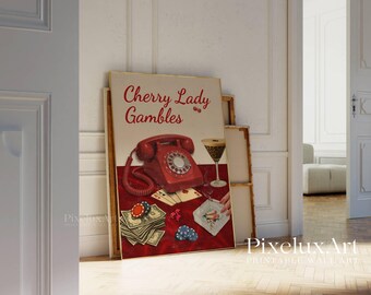 Retro Cherry Poster, Retro Red Bar Cart Wall Art, Preppy 70s Aesthetic Girly Prints, Vintage Apartment Dopamine Decor, Funky Poker Print, image 7
