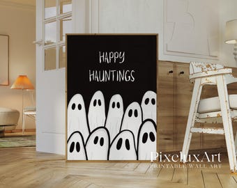 Happy Hauntings Halloween Poster, Cute Ghost Wall Art Print, Spooky October Home Decor, Black and White Minimal Halloween Sign, Ghost Poster, image 3