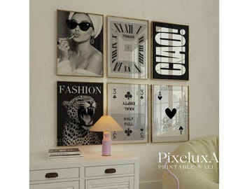 Set of 6 Trendy Black and White Gallery Wall Art, Aesthetic  Chic Apartment Decor, Trendy Leopard, Ace Card Print, Stylish Y2K Wall Art, image 1