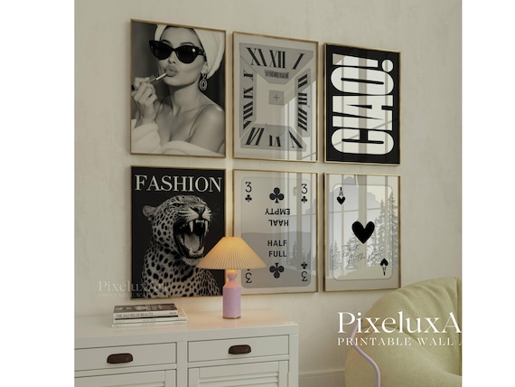 Set of 6 Trendy Black and White Gallery Wall Art