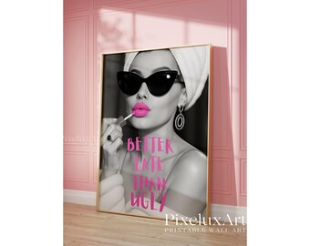 Better Late Than Ugly Poster – Pink Aesthetic Wall Art, Artful Pink Printing, Funny Quote Vanity Decor, Girl Dorm Room Printable, Retro Art, image 3