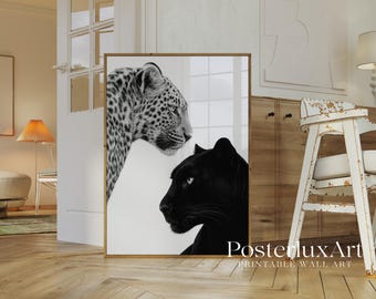 Black Panther & Leopard Wall Art | Minimal Animal Print | Modern Wildlife Decor | Black and White Scandinavian Poster, image 3
