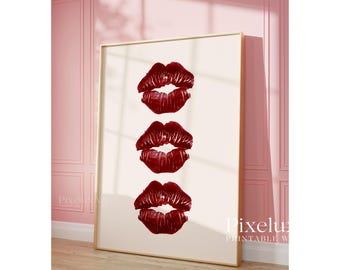 Red Kiss Lips Wall Art, Girly Fashion Chic Decor, Minimal Glam Lips Printable Poster, Aesthetic Lip Print Art, Dorm Room Art, image 4