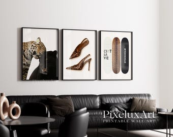 Retro Leopard Panther Wall Art Set of 3 - Y2K Stockholm Style Printable Decor, Aesthetic Fashion Skateboard & Leopad Heels Poster, image 4