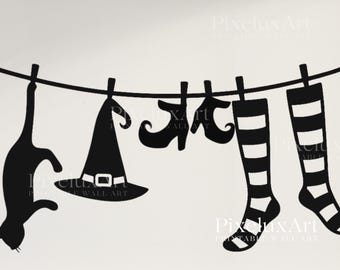 Witch Laundry Wall Art – Spooky Black Cat, Witch Hat, Shoes & Striped Socks Printable Halloween Decor, Funny Rustic Holiday Print, image 3