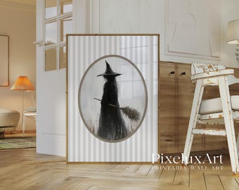 Vintage Witch Wall Art – Spooky Halloween Printable with Witch Hat & Broom, Gothic Dark Academia Rustic Fall Decor Print, image 3