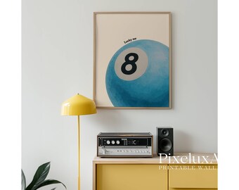 Lucky 8 Ball Print, Pool Ball Print, Vintage Game Room Decor, Luck Wall Art, Blue Billiards Print, Pool Print, Retro Art, Funky Vintage Art, image 8